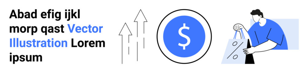 Dollar symbol inside circle, upward arrows, man holding discount shopping bag, random text blocks. Ideal for finance, e-commerce, retail, marketing growth economics savings concepts. Landing page