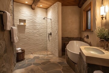 A cozy bathroom with warm lighting, textured walls, and natural stone flooring