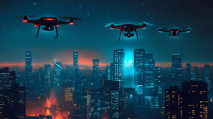 Futuristic cityscape illuminated night sky drones. Nightstone. Illustration