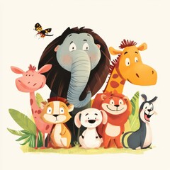 Naklejka premium Happy Animals Grouped Together In A Friendly Scene