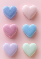 Obraz premium Colorful pastel heart shaped objects on soft pink background, evoking sweetness