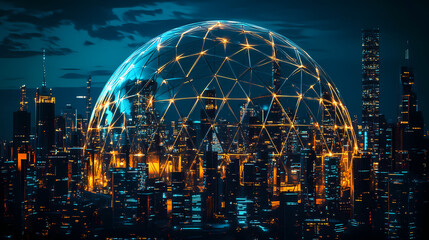 Fototapeta premium Futuristic cityscape underneath a networked dome. Nightstone. Illustration