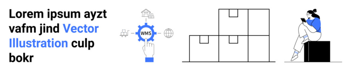 Woman sitting and using mobile phone, hand interacting with gears and clouds symbolizing processes, stacked boxes. Ideal for business development, logistics, process optimization, technology