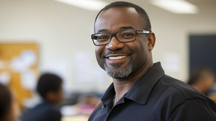 Fototapeta premium Smiling teacher in a classroom environment