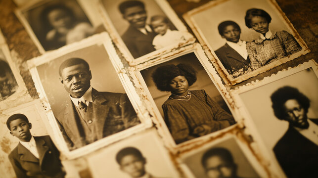 Vintage black-and-white family portraits on aged paper