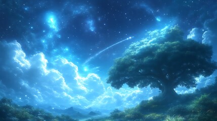 Fototapeta premium Serene Night Scene with a Large Tree and Shooting Star