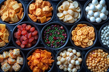 Collection of various crunchy snacks in black bowls, different types of chips, nuts. Concept of abundance and variety