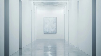 A hallway with clean white walls and a single piece of abstract art.