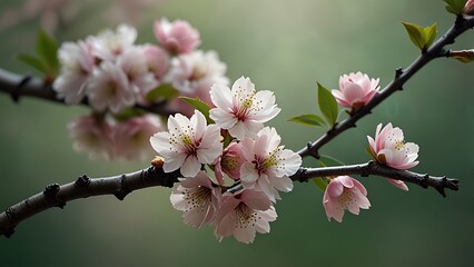 Obraz premium Delicate pink cherry blossoms on a branch provide a beautiful natural design element for business projects