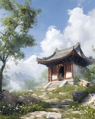 Obraz premium Tranquil pagoda amidst lush nature traditional village scenic serene environment wide-angle view cultural heritage