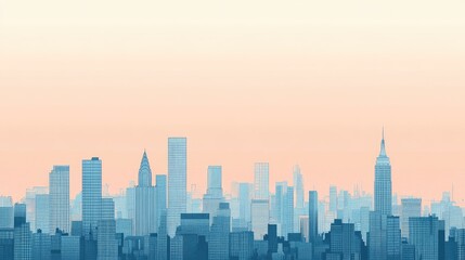 Fototapeta premium Serene cityscape skyline at sunrise, pastel hues, urban panorama, skyscrapers, buildings, city view.