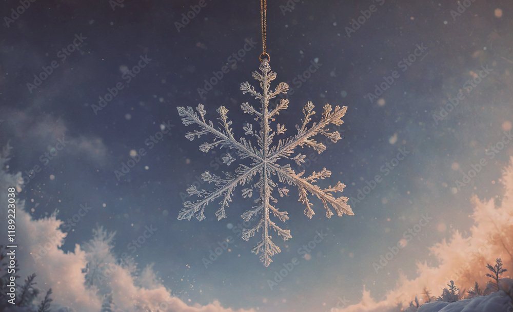 Aufkleber snowflake is hanging from a tree branch. the snowflake is white and has a blue sky in the background
