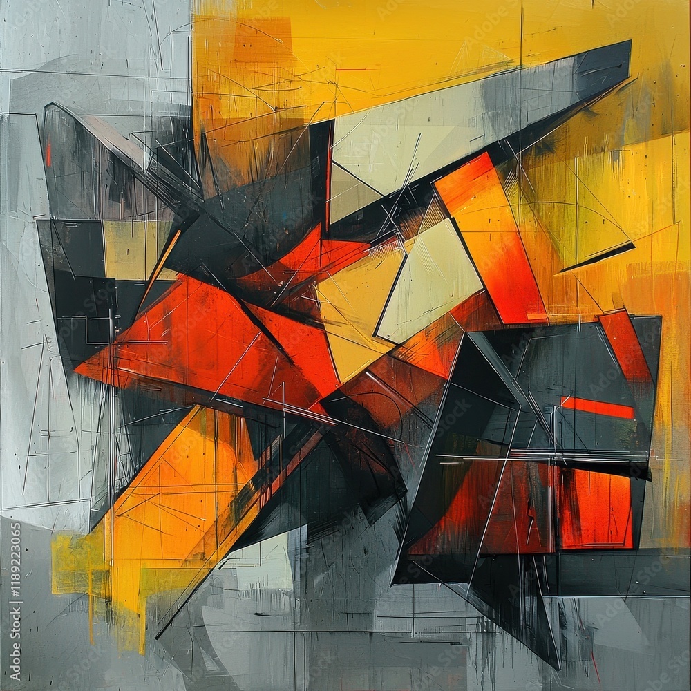 Poster dynamic abstract art displaying futuristic elements in urban space modern gallery contemporary style