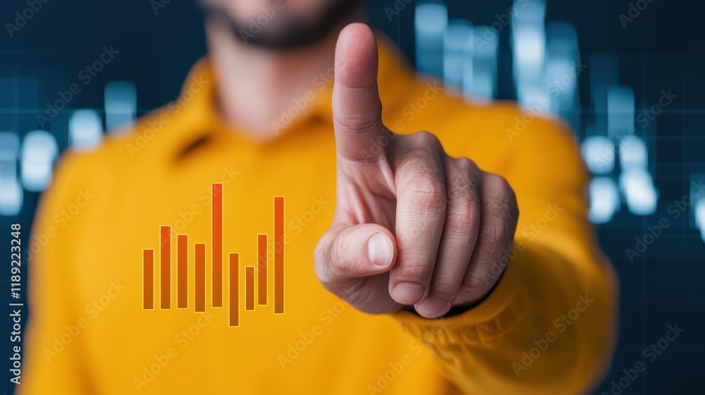 Poster business professional pointing at data graph on digital screen