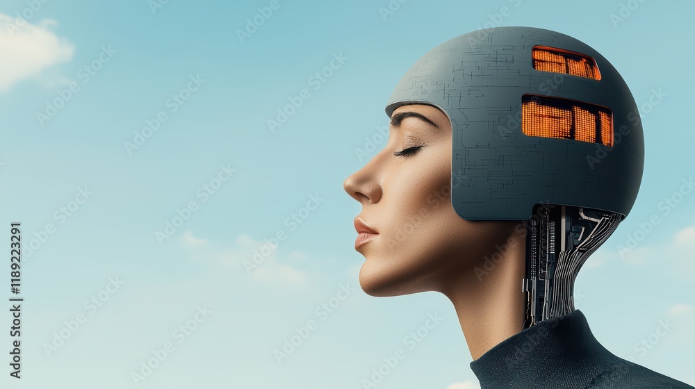 Poster futuristic robot woman with circuit design and orange display screen