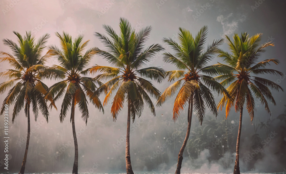 Aufkleber Row of palm trees with some of them having brown leaves. The trees are in a forest