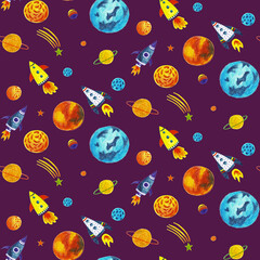 Space Seamless Pattern in childish hand-srawn style. Seamless pattern with rocket planets, shooting star comets, etc.