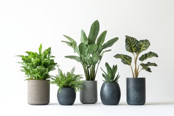 a variety of potted plants arranged against a white backdrop