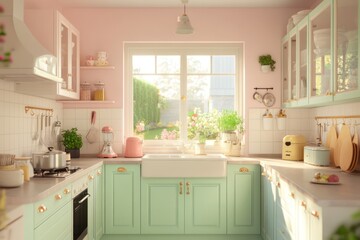 A cozy kitchen with soft pastel tones, vintage cabinetry, and a sunny window overlooking a garden