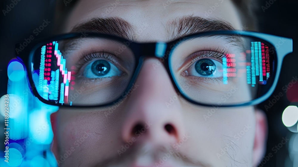 Poster vibrant portrait of an ai financial analyst, showcasing advanced technology, analytical tools, and a