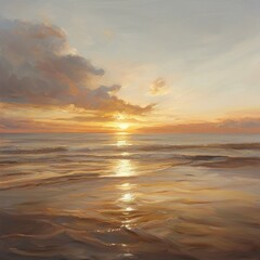 Obraz premium Crimson sunset over calm waters tranquil landscape serene evening beach view nature's beauty