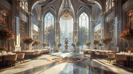 Fototapeta premium Luxury restaurant interior design featuring dining tables and chairs in a well-lit, elegant room with large windows and stylish architecture