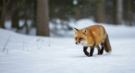 A red fox is walking in the snow field