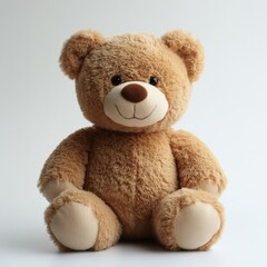 Obraz premium A soft and cuddly brown teddy bear with fluffy fur, shiny black eyes, a cute stitched smile, and detailed paw pads, isolated on a white background.