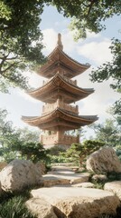 Obraz premium Serene chinese pagoda tranquil temple garden architectural detail lush environment scenic viewpoint cultural concept