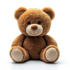 Obraz premium A soft and cuddly brown teddy bear with fluffy fur, shiny black eyes, a cute stitched smile, and detailed paw pads, isolated on a white background.