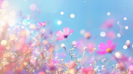 Obraz premium Pink Cosmos Blooms: A vibrant pink cosmos flower stands out against a dreamy backdrop of pastel pink and blue hues, bathed in soft, ethereal sunlight.