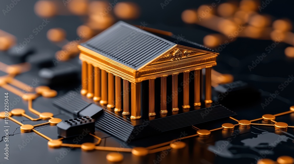 Poster golden classical building on circuit board background design