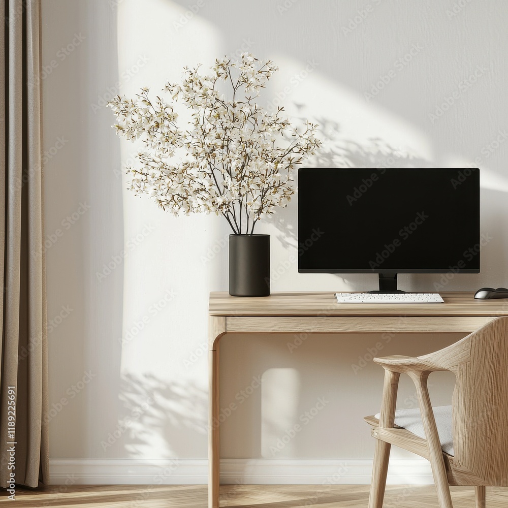 Poster creative desktop workspace flat lay with computer and plants in minimalist room inspiring productivi