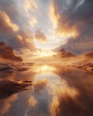 Fototapeta premium Breathtaking scenic sunset reflections over crimson beach tranquil environment nature