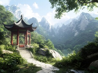 Tranquil chinese pagoda amidst majestic mountains scenic nature landscape serene viewpoint peaceful environment