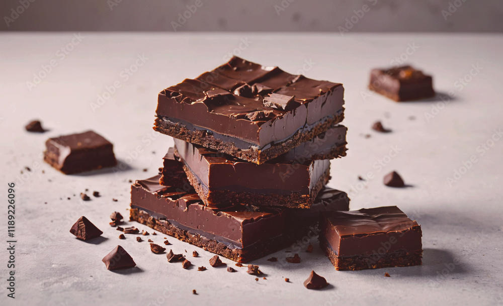 Leinwandbilder stack of chocolate bars with chocolate chips on top. there are four bars in the stack