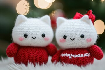 Two cute knitted figurines in red and white symbolize love and care, creating a warm atmosphere perfect for Valentine's Day celebrations