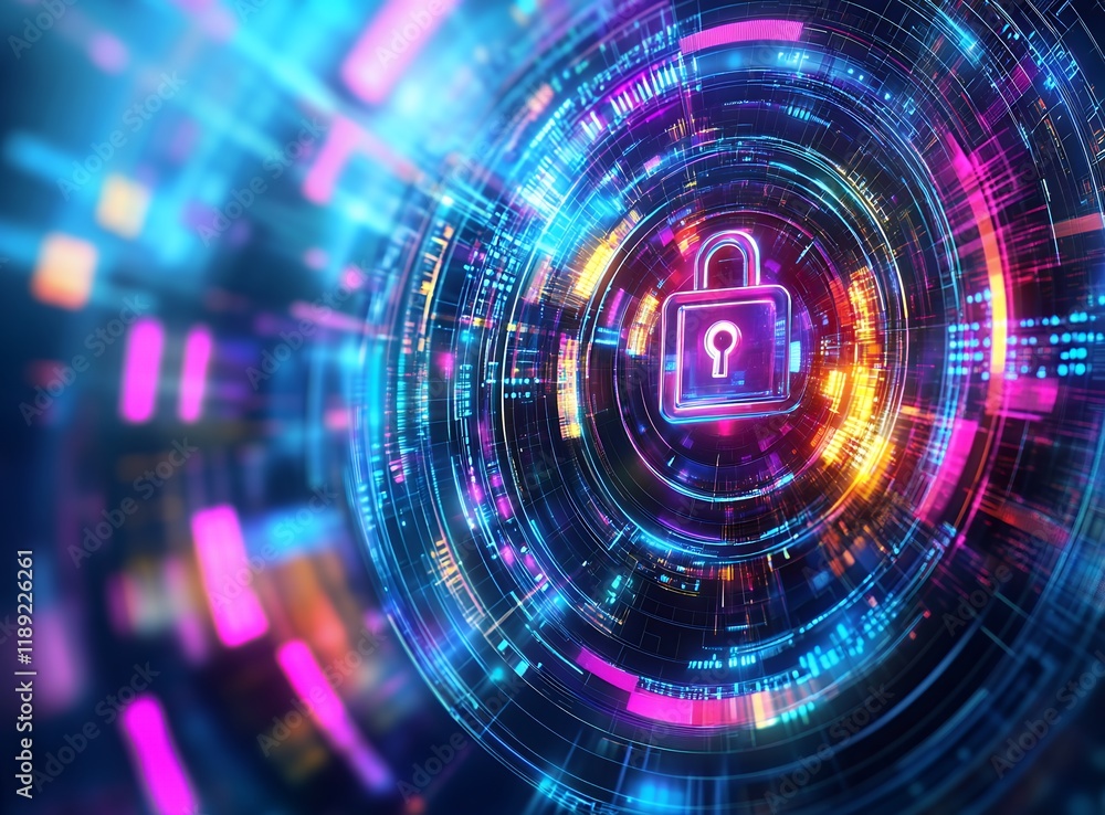 Poster cyber security digital padlock in futuristic neon data stream