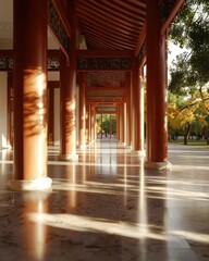 Fototapeta premium Exploring colorful pagoda interiors in tranquil garden setting architectural serene environment low angle view