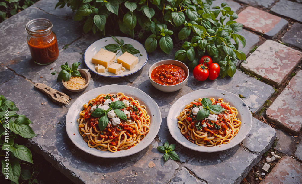 Poster Two plates of spaghetti with cheese and basil on top. A jar of red sauce is on the table
