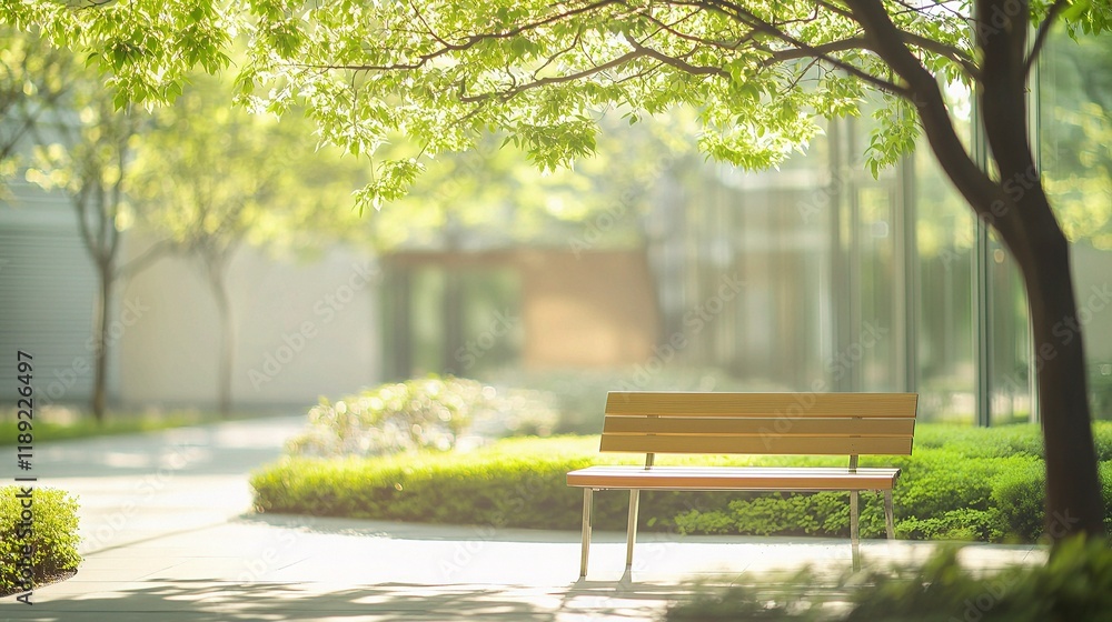 Poster serene blurred abstract background with a bench under a tree
