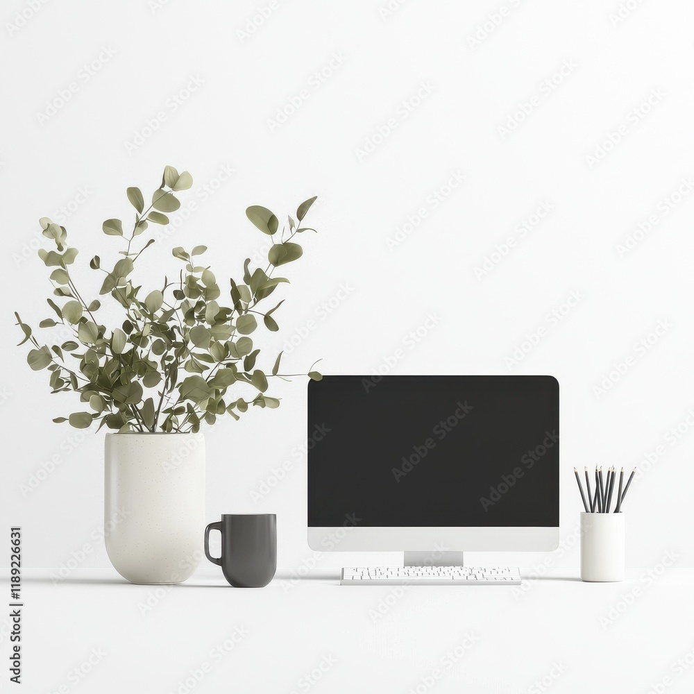 Poster modern workspace design featuring desktop setup with plants minimalist environment high-quality imag
