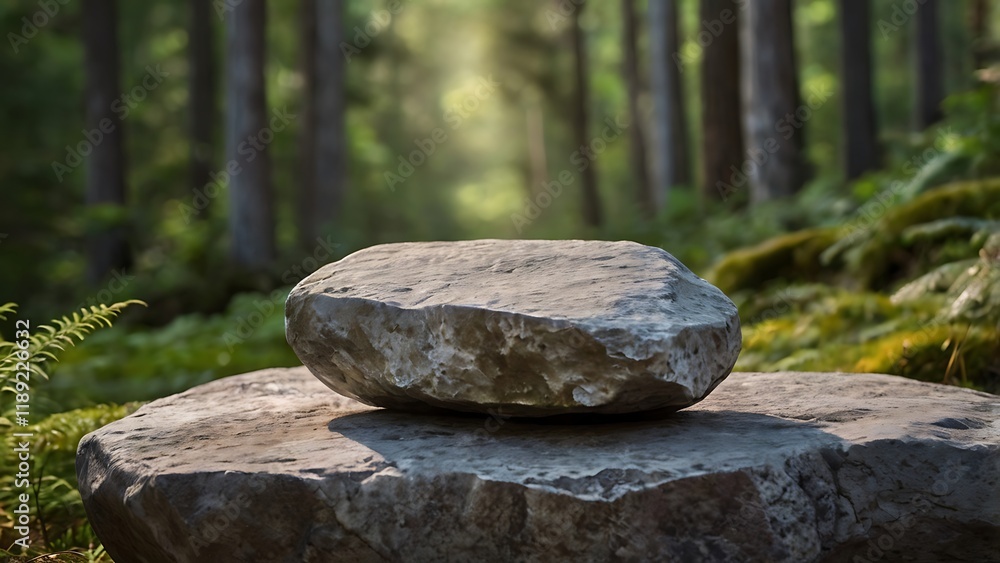 Poster natural stone platform display for product presentation in a forest setting business