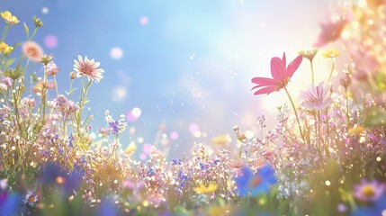 Obraz premium Sunlit Meadow of Wildflowers: A breathtaking view of a vibrant wildflower meadow bathed in sunlight, showcasing a kaleidoscope of colors and textures, with sparkling dew drops adding a touch of magic.