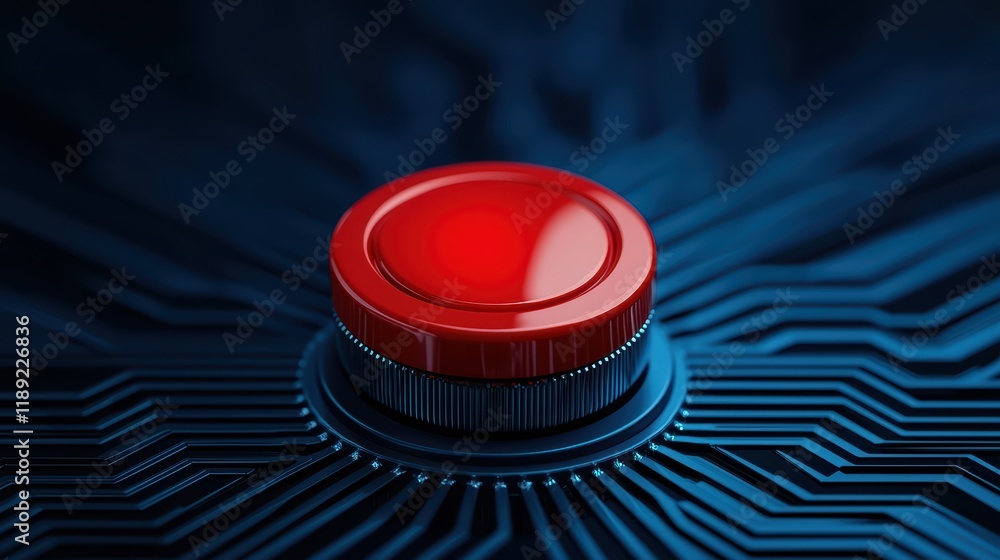 Poster bold red button on dark circuit board for tech and innovation concept