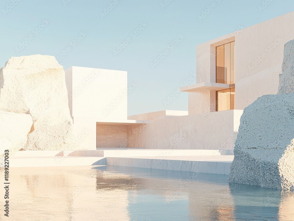 Poster modern architectural building with clean lines coastal location minimalist style serene environment 