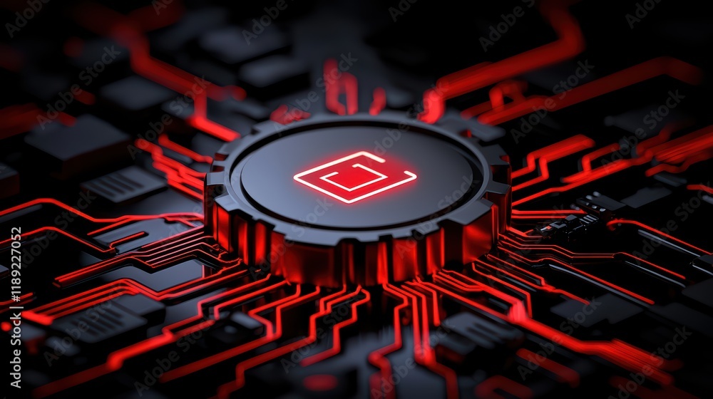 Poster futuristic circuit board layout with red elements and symbols