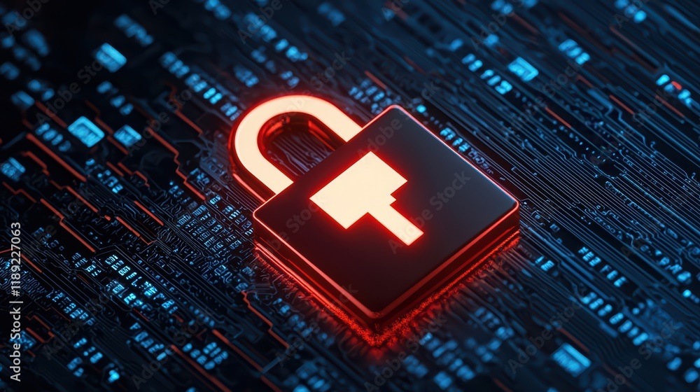 Poster digital padlock with glowing circuits representing online security