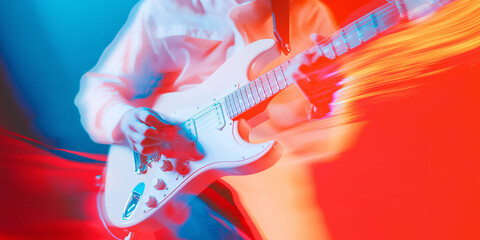 close-up of electric guitar in dynamic motion with vibrant red, blue, and orange hues, showcasing rhythm, energy, and artistic expression in a bold and modern music performance visual