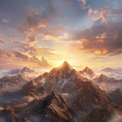 Obraz premium Crimson sunset illuminating majestic mountain peaks serene landscape nature vibrant atmosphere panoramic view